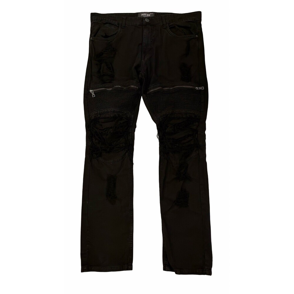Smoke Rise Men’s Black Biker Jeans 36x32 Distressed Moto Zip Knee Black Denim